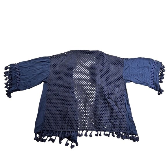 Miss Me Cardigan Women Small Blue White Embroidered Desert Dreamer Tassel Kimono - Picture 2 of 9